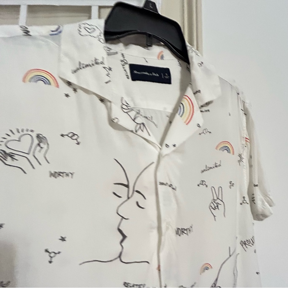 Abercrombie & Fitch White Button-Down Shirt with Rainbow and Black Sketch Print